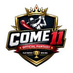 COME11 Official Fantasy Sports logo featuring a cricket player, shield, crown, trophy, and premium gold-red design with transparent background.